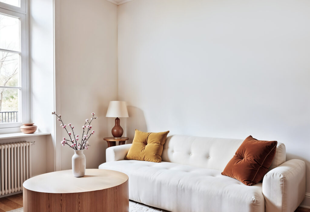 Salon cosy avec canapé dans un intérieur chaleureux et confortable.
