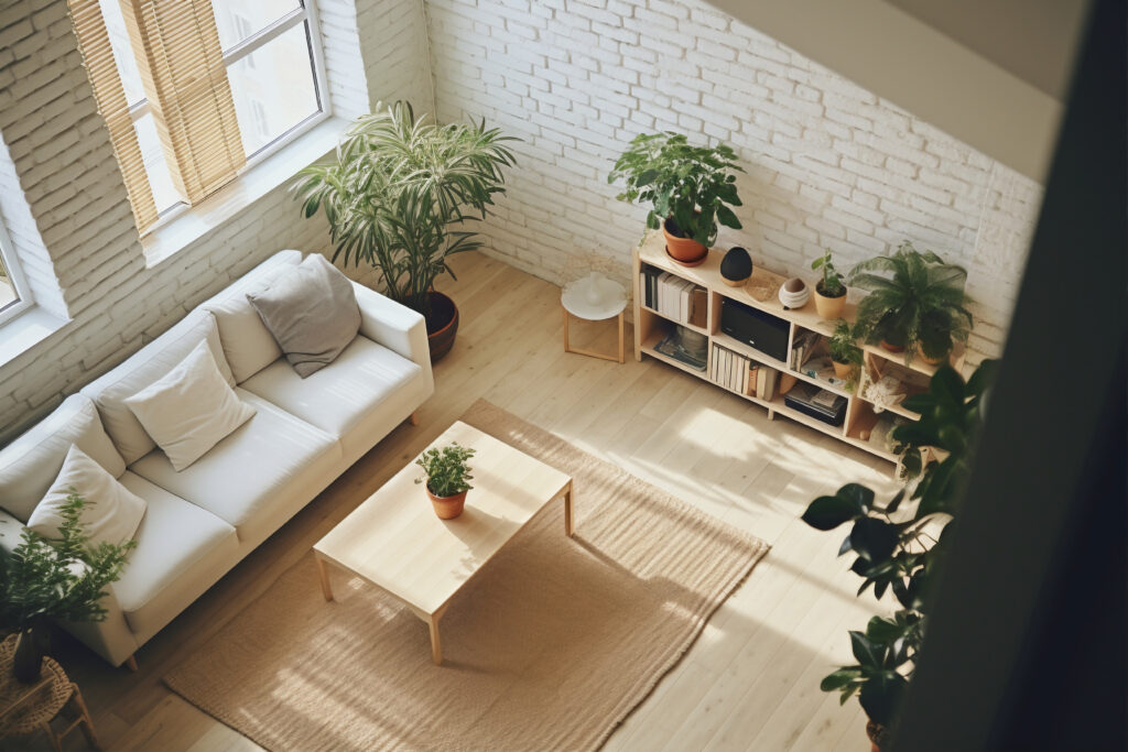 Espace intérieur décoré dans un style bohème, chaleureux et tendance.