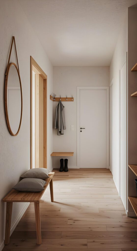 Hall d’entrée minimaliste avec banc, miroir et porte-manteau.