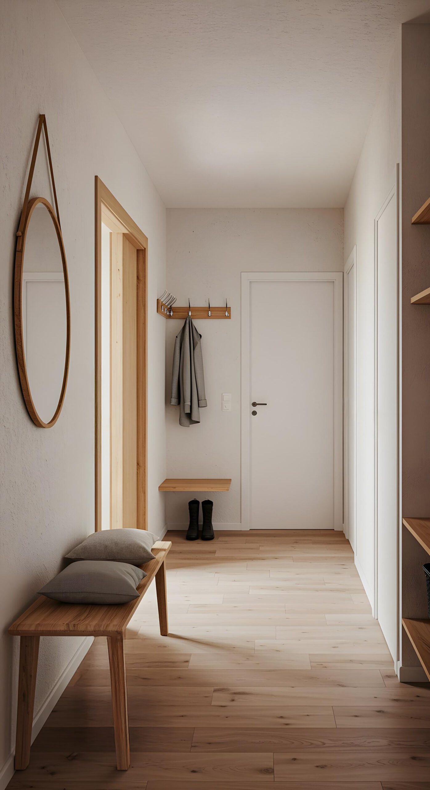 Hall d’entrée minimaliste avec banc, miroir et porte-manteau.