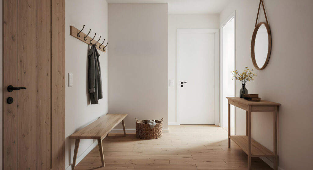Entrée élégante avec éléments en bois et lumière naturelle.