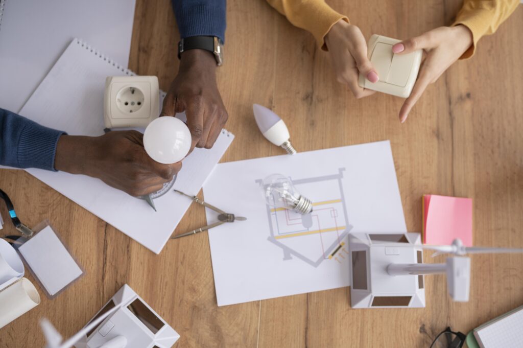 travail équipe projet immobilier vue dessus collaboration bureau